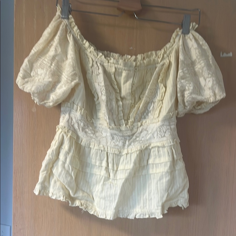 Love Sam Cream Smocked Peplum Blouse with Puff Sleeves